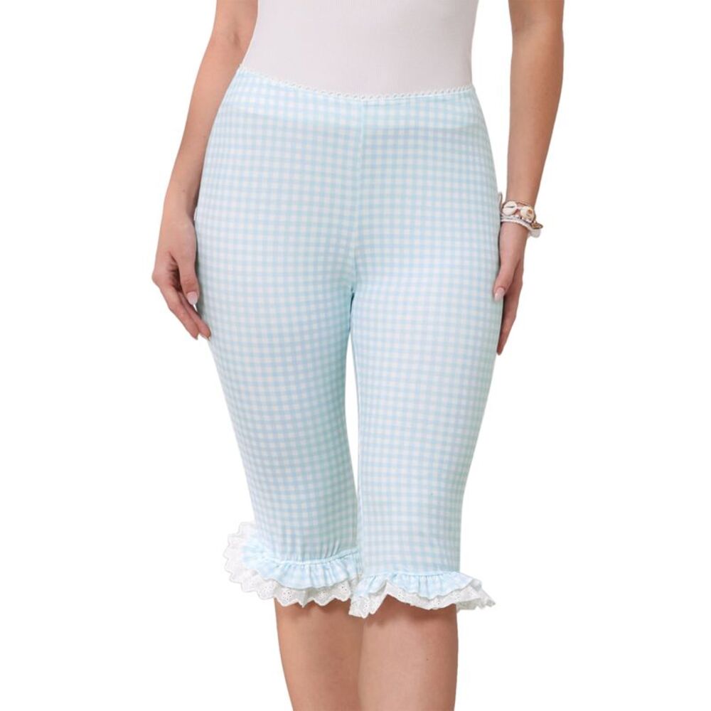 Women Low Waist Gingham Cropped 3/4 Knee Length Capri Pants Blue